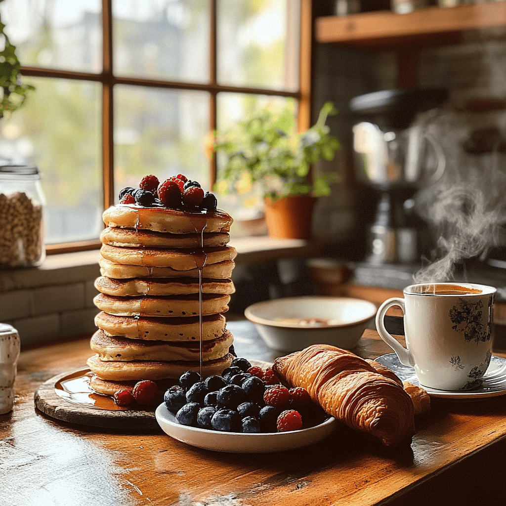 Stack of pancakes with berries and coffee in a rustic breakfast setting