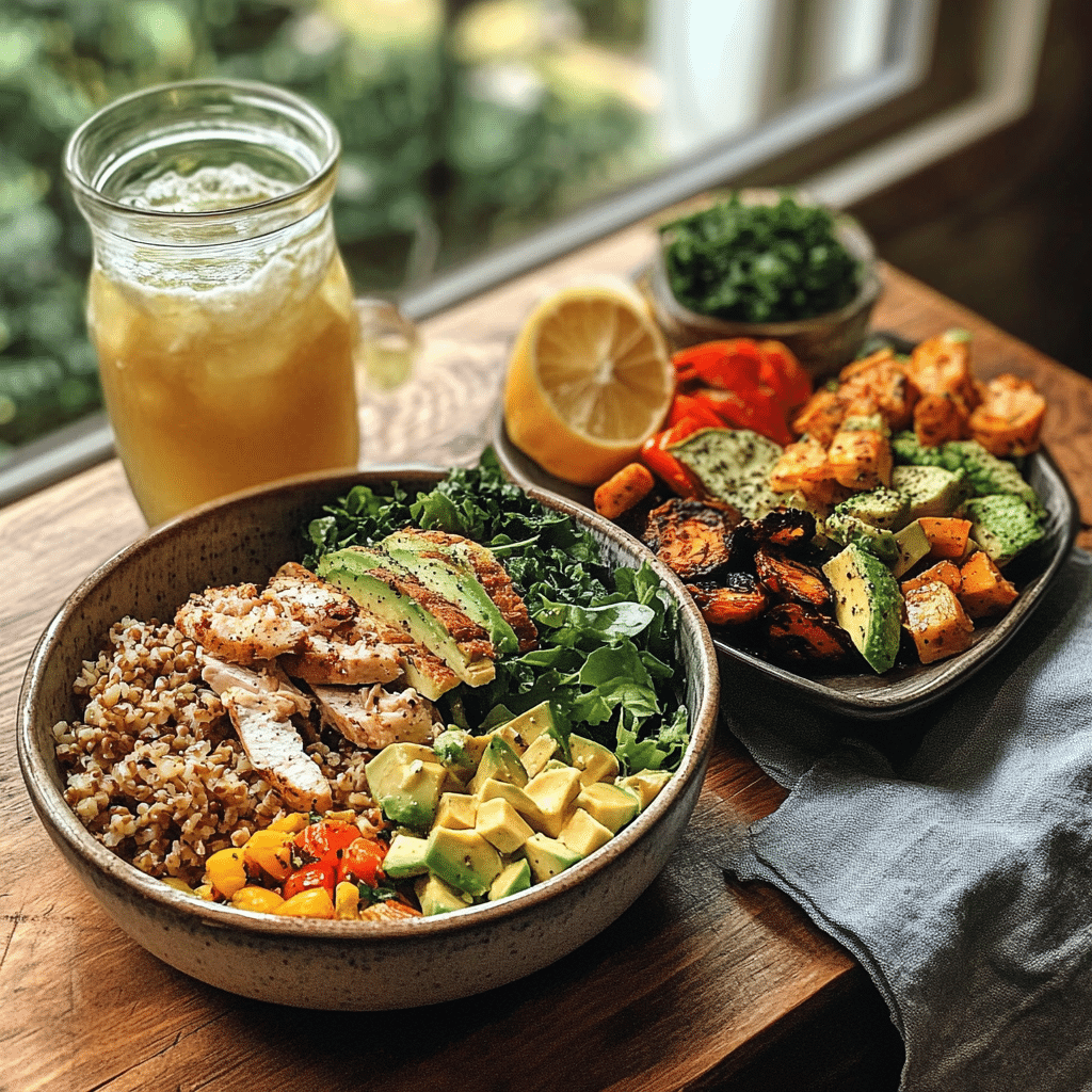 Colorful lunch bowls with vegetables, grains, and iced tea on a sunlit table