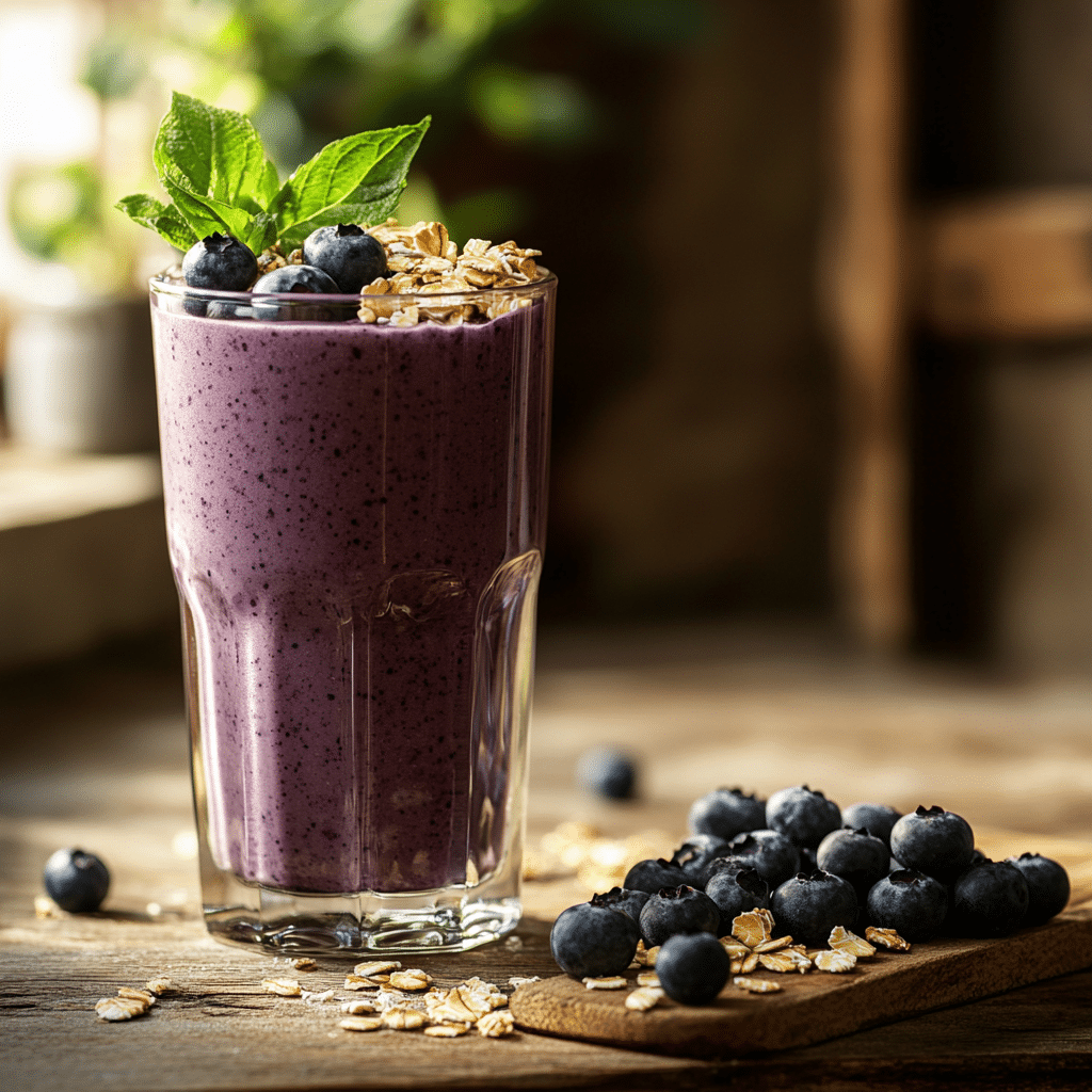 Blueberry muffin smoothie in a glass