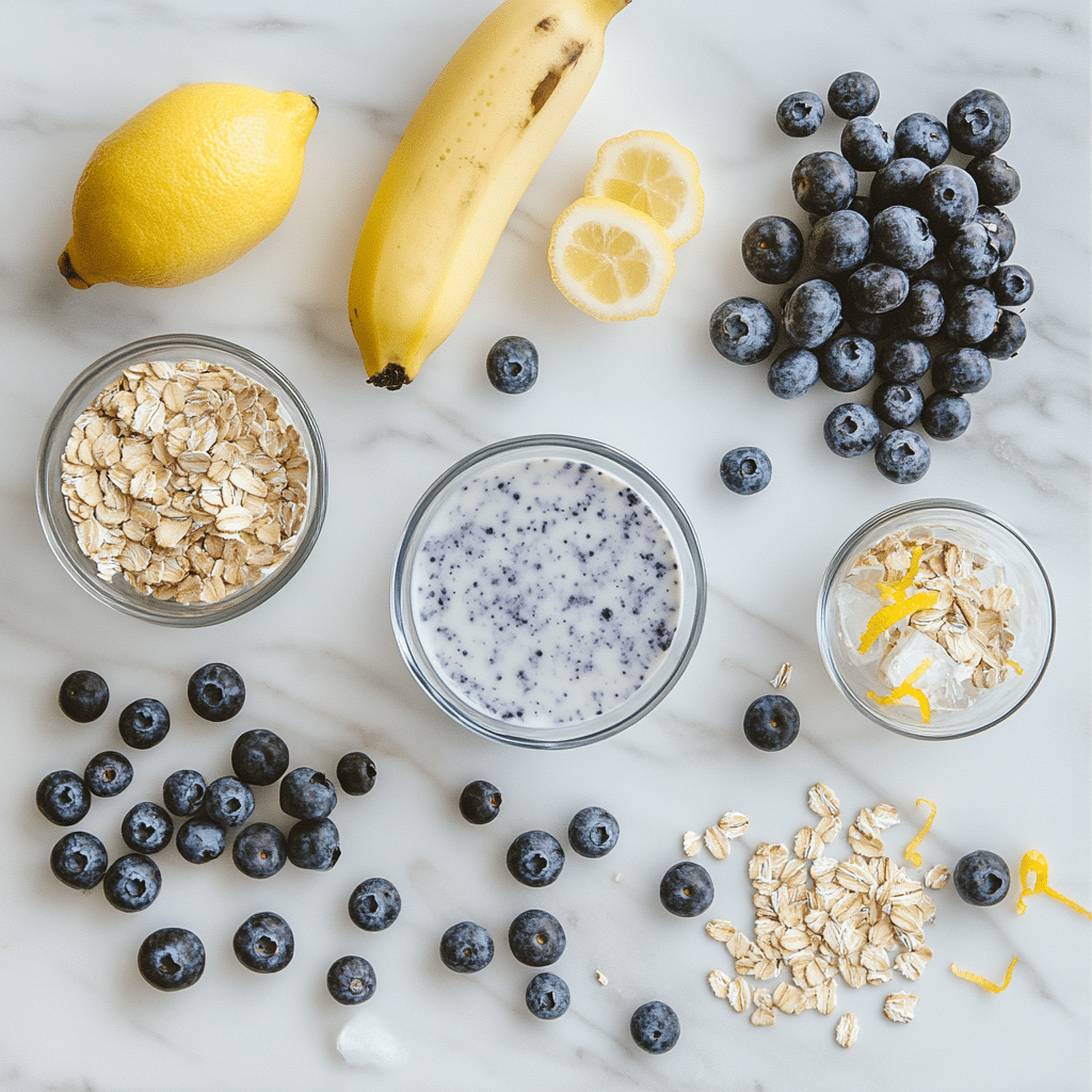 Ingredients for blueberry muffin smoothie recipe