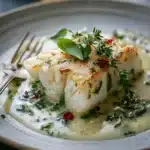 Baked cod fillets topped with creamy coconut lemon sauce