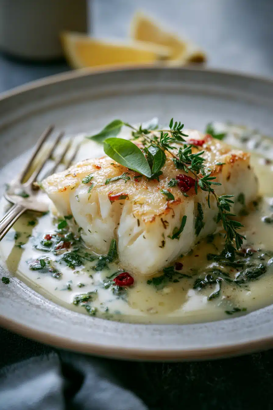 Baked cod fillets topped with creamy coconut lemon sauce