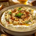 Bowl of creamy ricotta dip drizzled with hot honey
