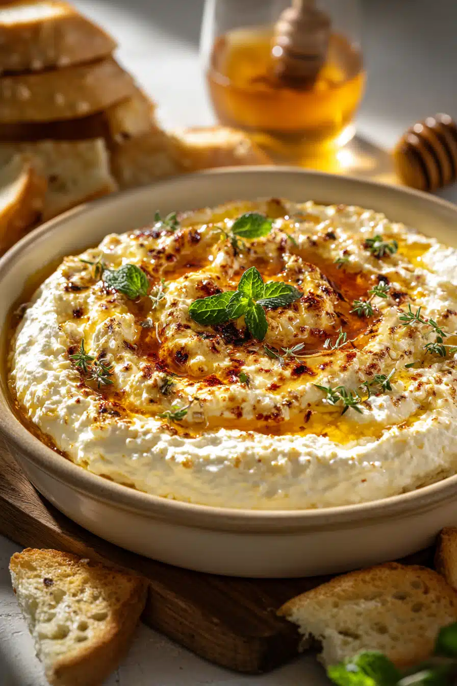 Bowl of creamy ricotta dip drizzled with hot honey