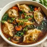 Steaming bowl of potsticker dumpling soup with fresh herbs