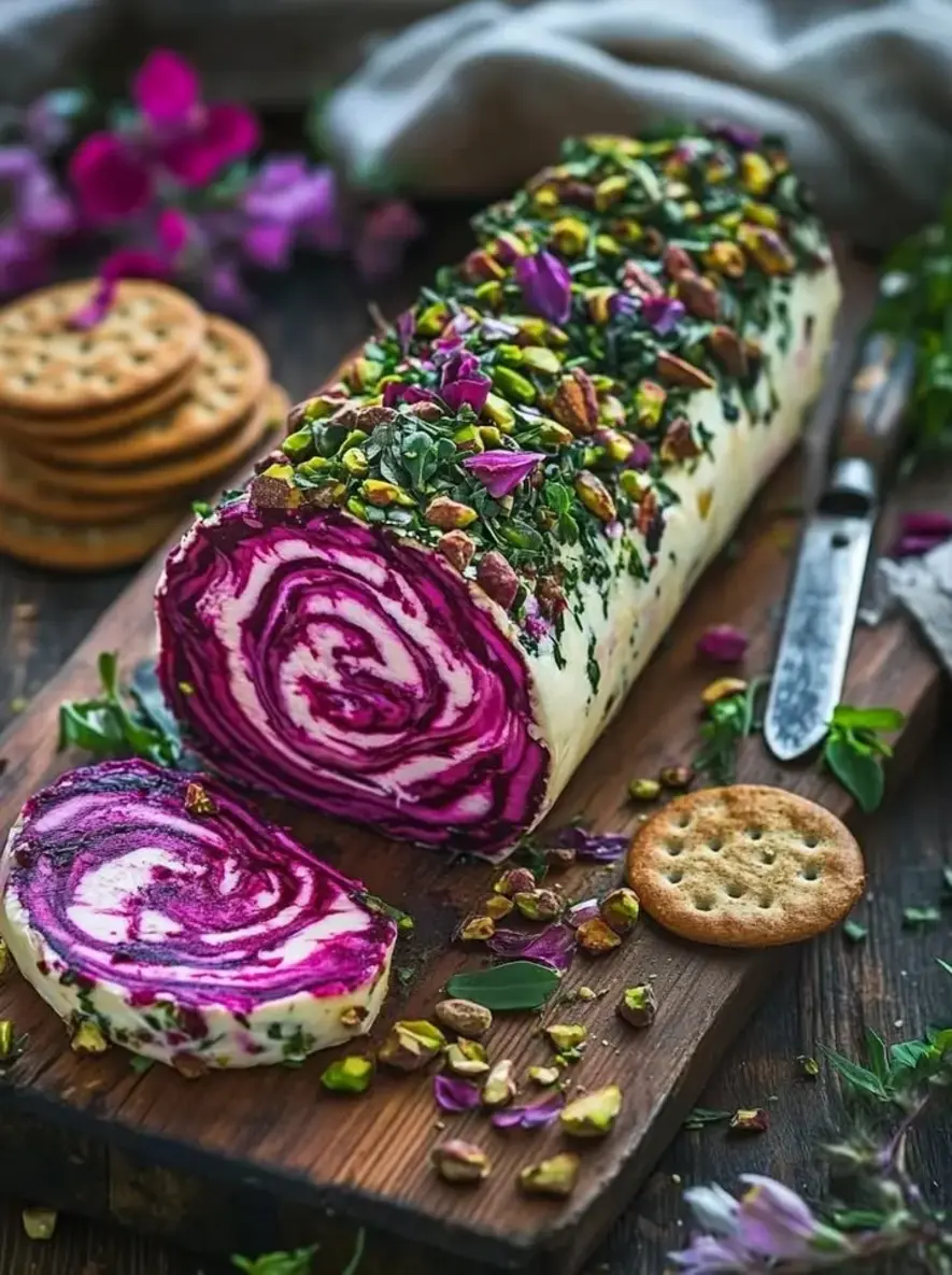 Magenta Jewel Goat Cheese Log with Roasted Beet Swirl Pistachio Crust