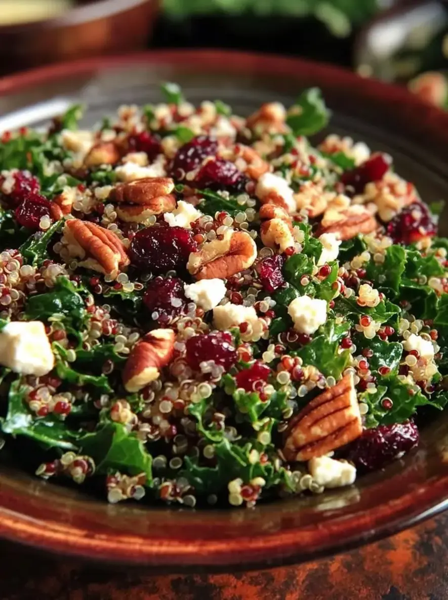Cranberry Kale Quinoa Salad with Candied Pecans and Feta