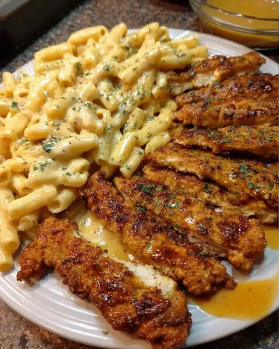 Creamy Cajun Chicken Strips with Cheesy Rigatoni Alfredo