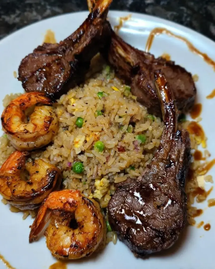 Savory Lamb Chops with Shrimp Fried Rice