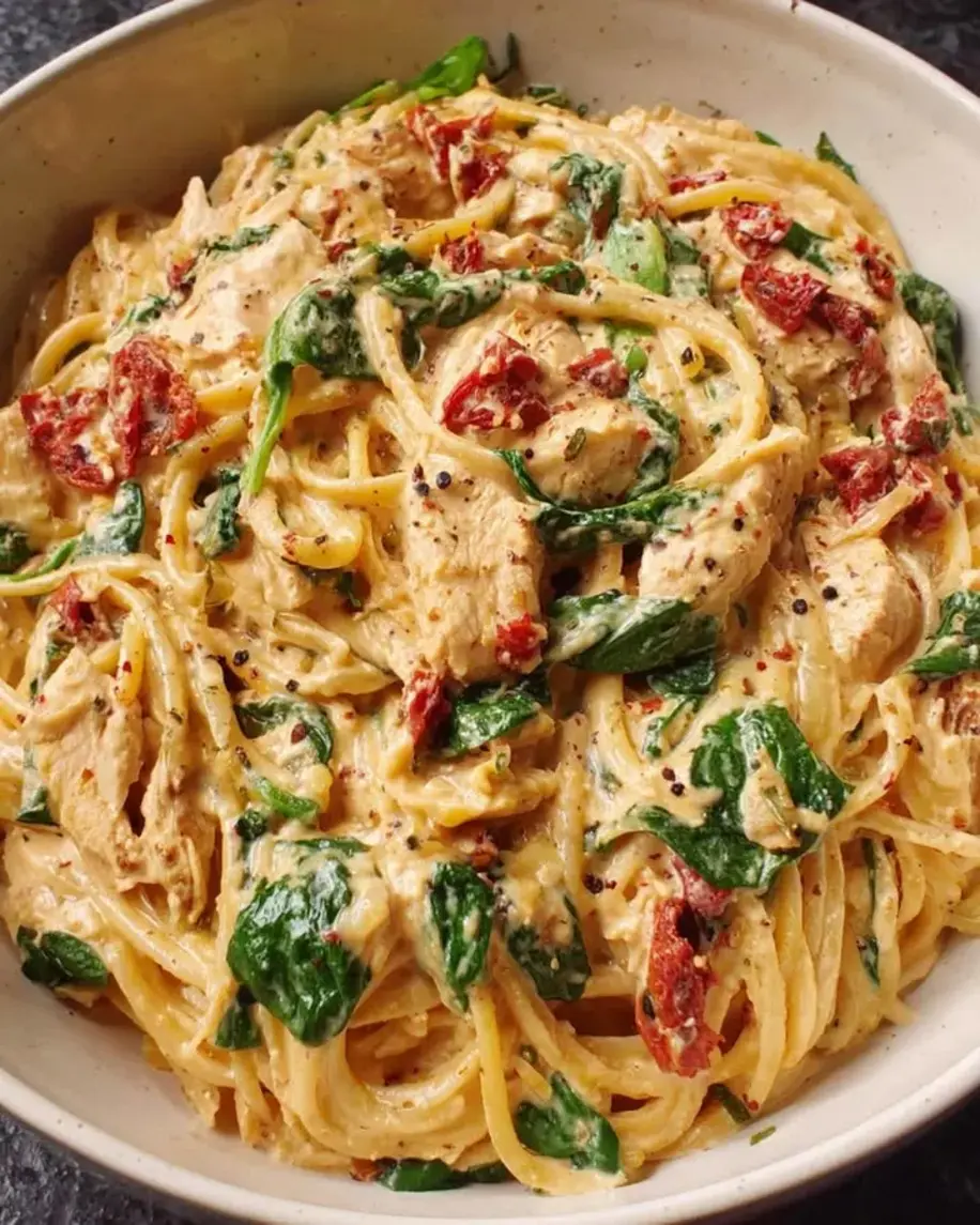 Spaghetti Spinach with Sun Dried Tomato Chicken Cream Sauce
