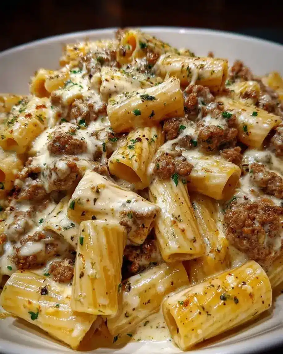 Mozzarella Beef and Rigatoni in Garlic Herb Cream Sauce