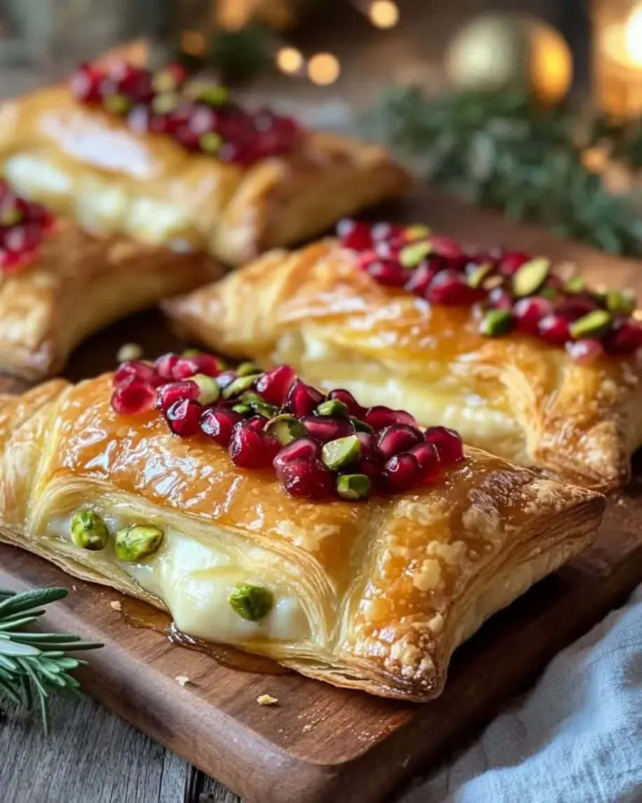 Pomegranate Pistachio Brie Pastry Bites with Rosemary Honey