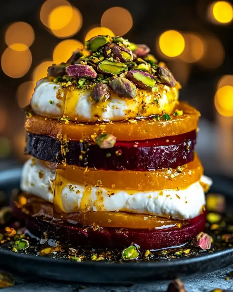 Golden Beet Burrata Stacks with Pistachio Citrus Zest
