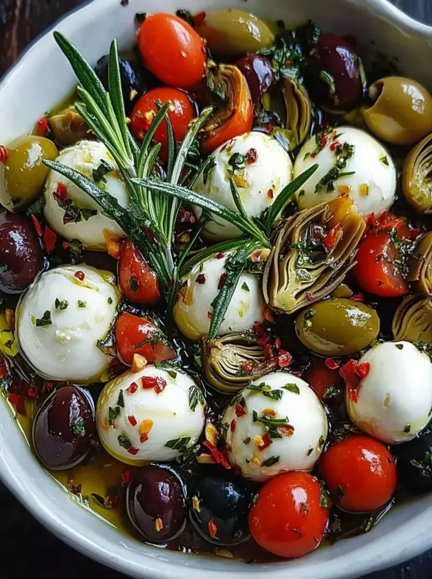 Marinated Mozzarella Balls Artichokes and Olives
