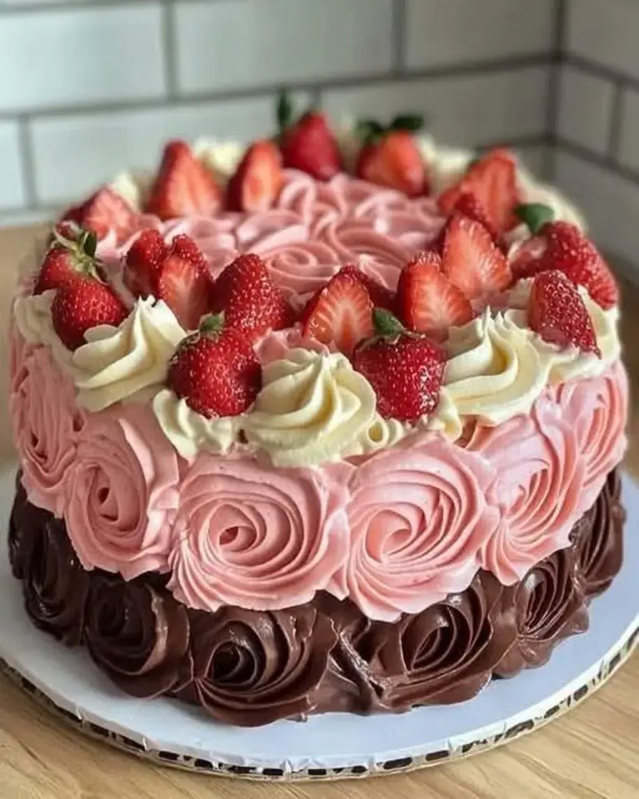 cake with strawberry buttercream and a chocolate ganache drip