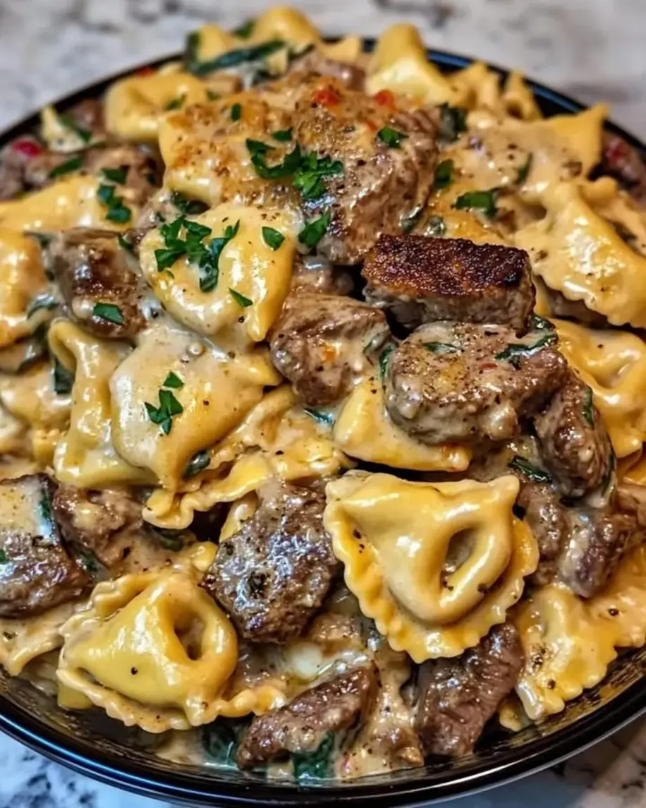 Creamy Steak Bites Tortellini with Garlic Spinach