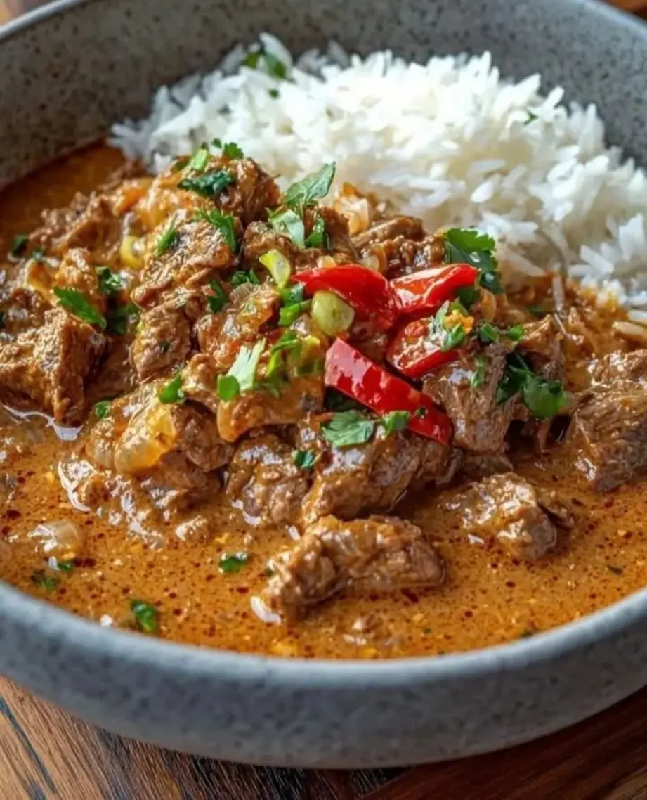 Fragrant Panang Beef Curry Served with Coconut Rice