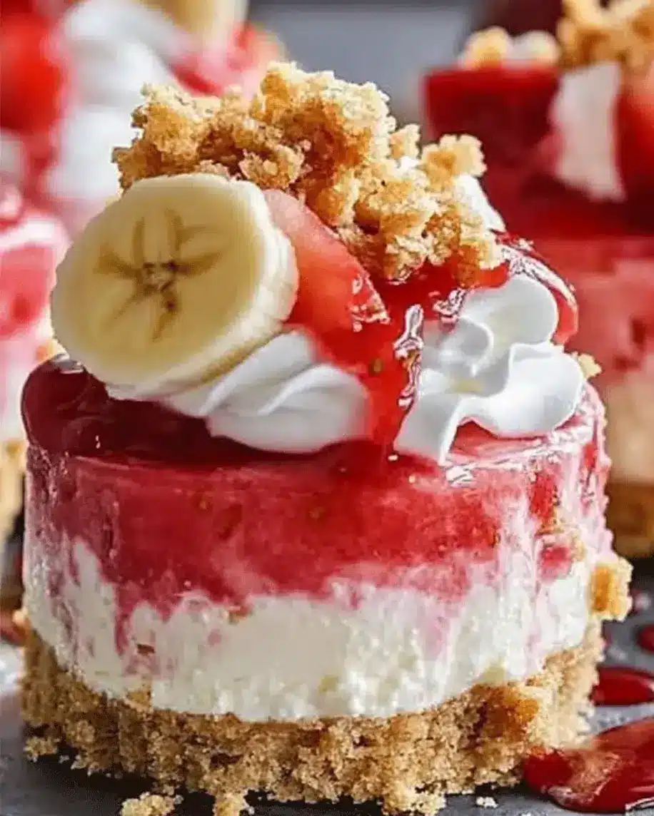 Easy No Bake Mini Strawberry Banana Cheesecakes