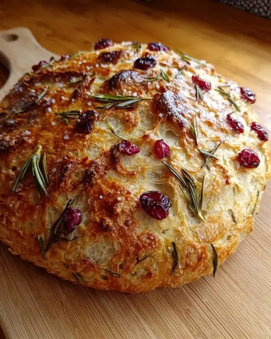 No Knead Rosemary Cranberry Bread with Olive Oil Sea Salt