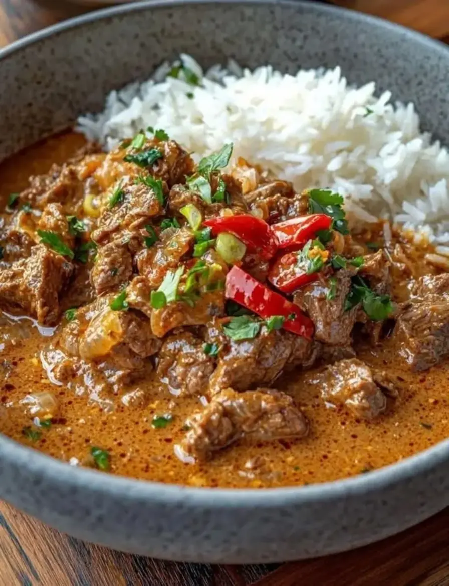 Fragrant Panang Beef Curry Served with Coconut Rice
