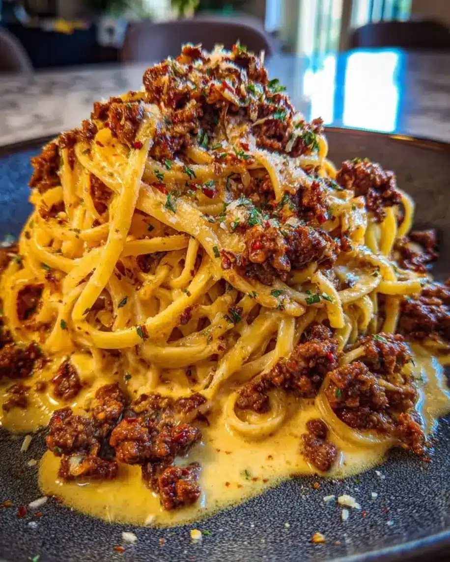 Cheesy Beef Linguine with Savory Garlic Provolone Cream
