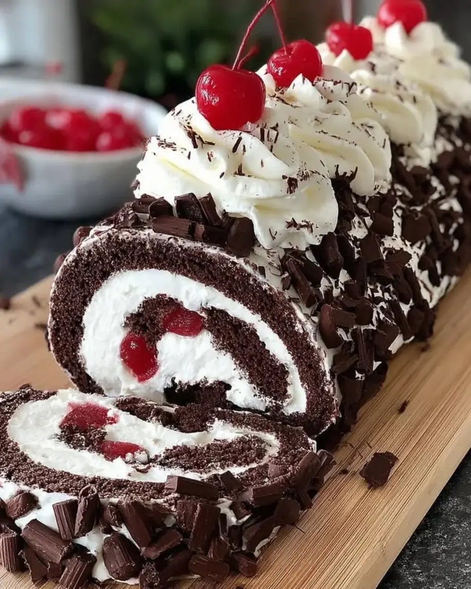 Elegant Black Forest Roll Cake Chocolate sponge juicy cherries and whipped cream rolled into a showstopper Who are you serving the first slice
