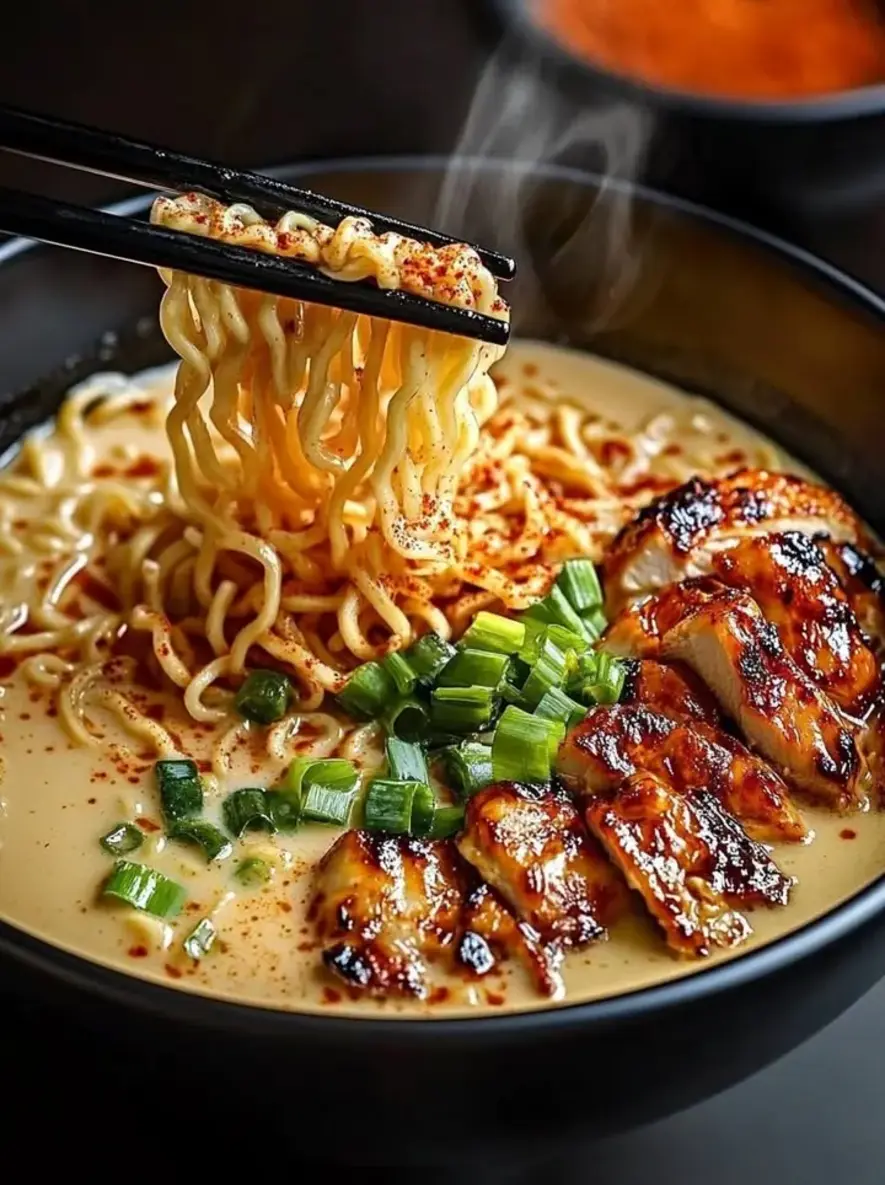Fiery Chicken Ramen with Creamy Garlic Sauce