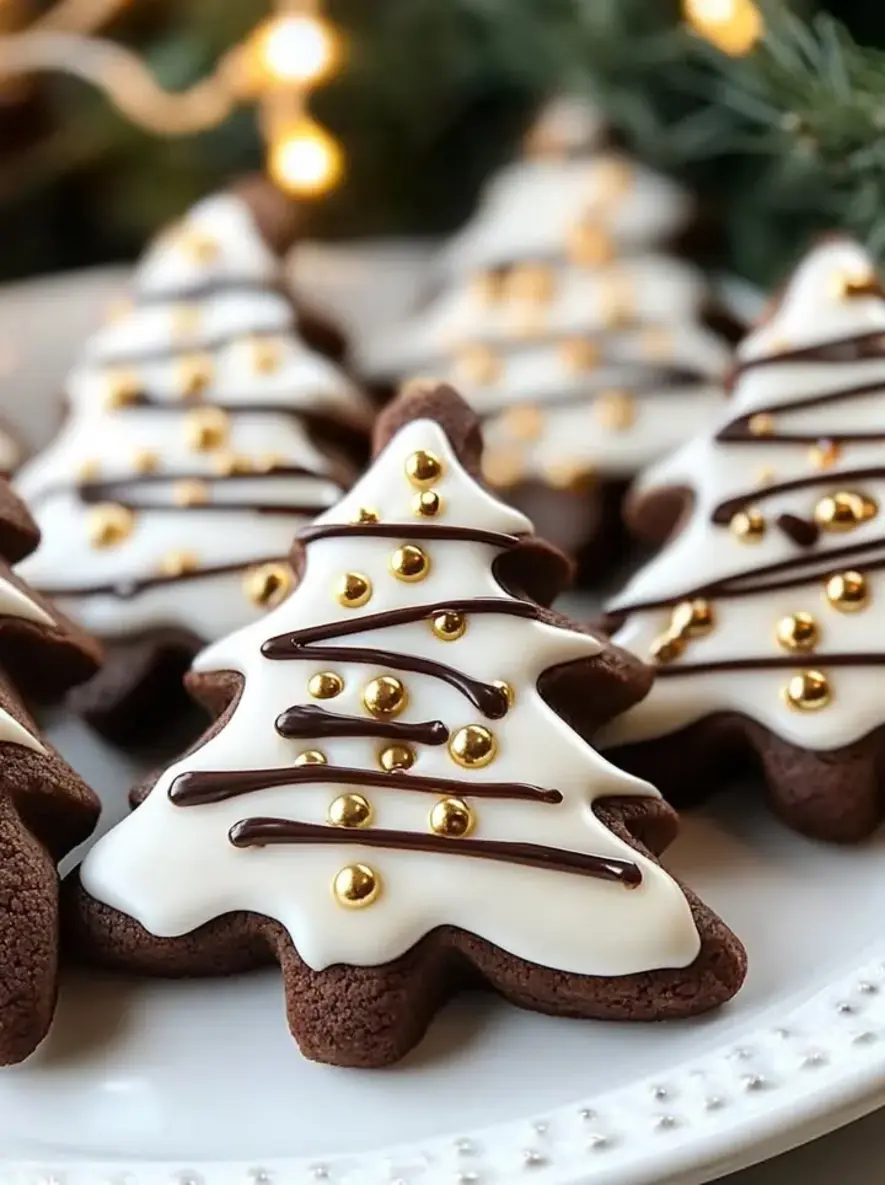Velvet White EspressoGlazed Chocolate Christmas Tree Cookies with Dark Drizzle and Gold Sparkle