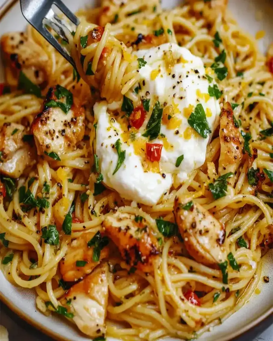 Creamy Chicken Spaghetti with Burrata Lemon Garlic Sauce
